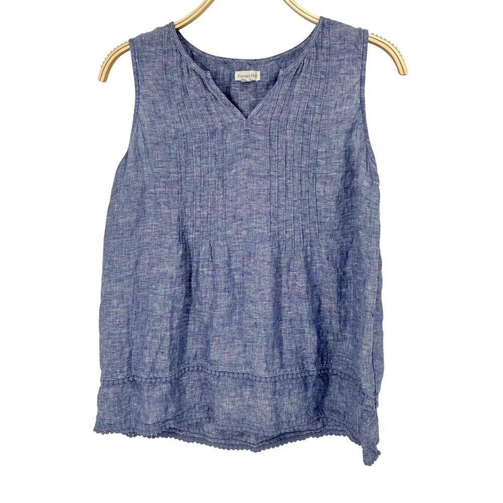 Garnet Hill Linen Tank Top Women 12 Blue Excellent Pintuck Lace Trim Sleeveless